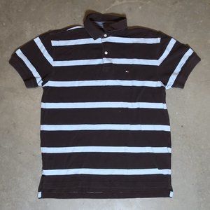 Tommy Hilfiger. Men's Medium. Polo. Brown w/ Blue Stripes.